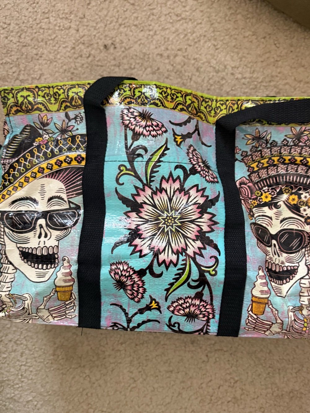 Turquoise Floral & Skull Tote Bag